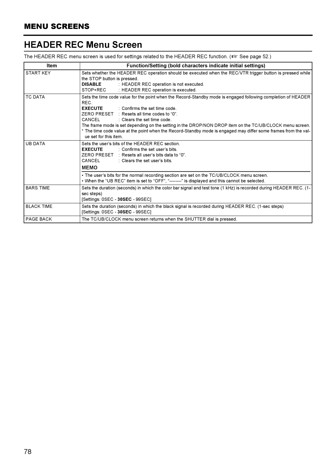 JVC GY- HD111 HD CAMERA RECORDER manual Header REC Menu Screen, Disable 