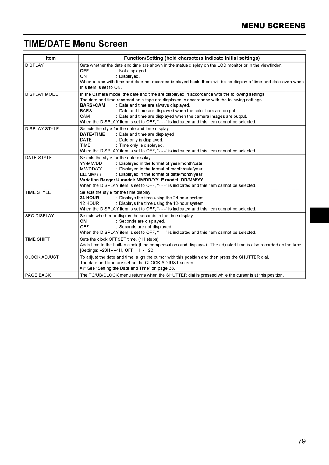 JVC GY- HD111 HD CAMERA RECORDER manual TIME/DATE Menu Screen, Bars+Cam, Date+Time, Hour 