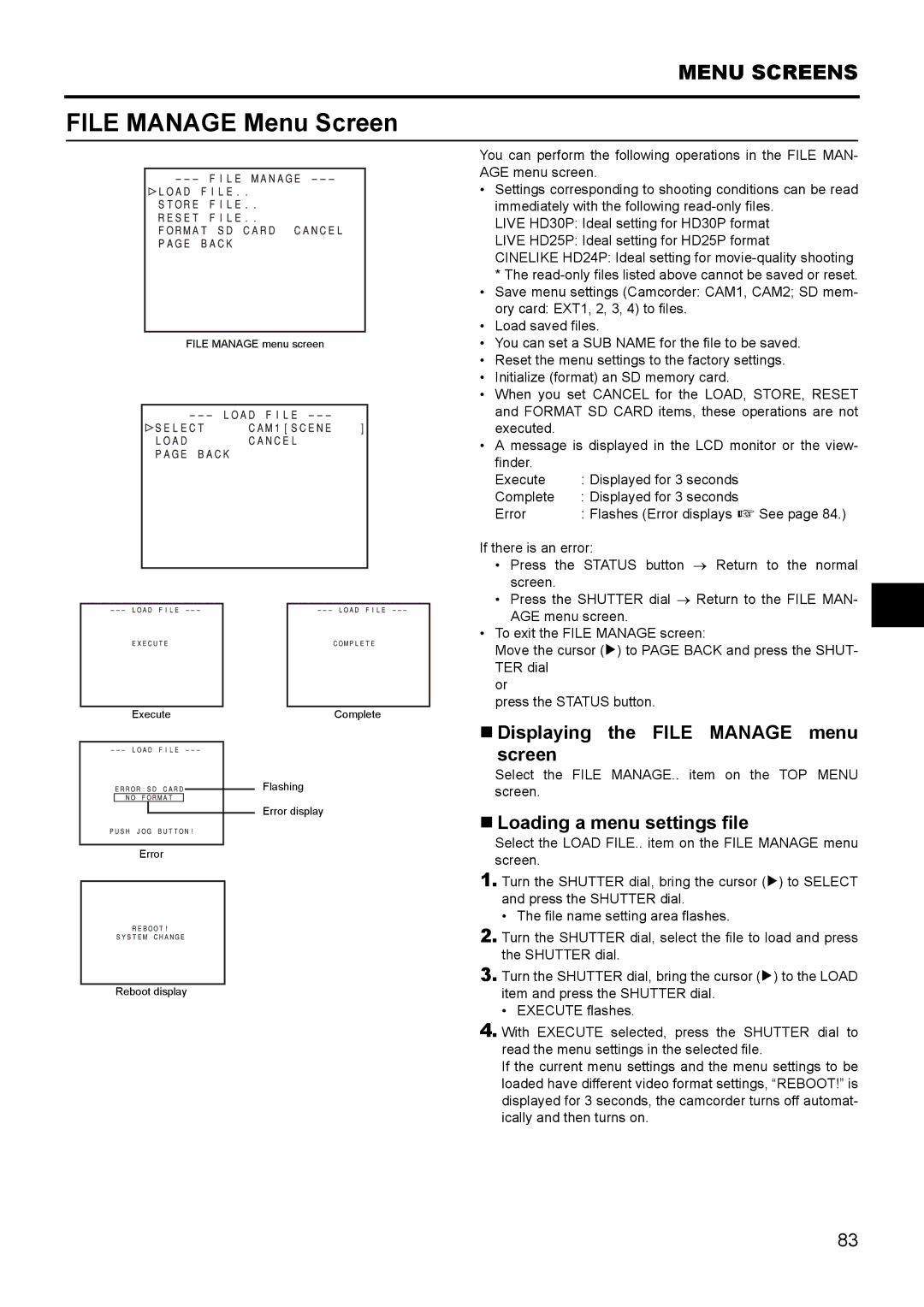 JVC GY- HD111 HD CAMERA RECORDER manual File Manage Menu Screen, „ Displaying the File Manage menu Screen 