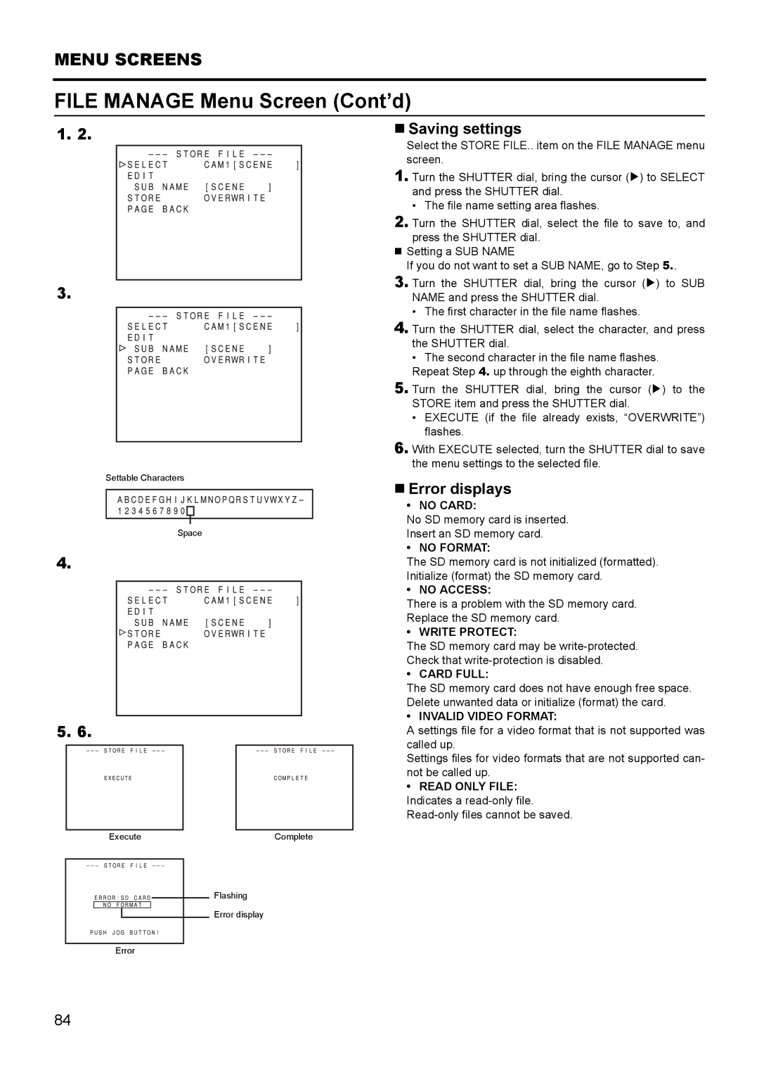 JVC GY- HD111 HD CAMERA RECORDER manual File Manage Menu Screen Cont’d, „ Saving settings, „ Error displays 