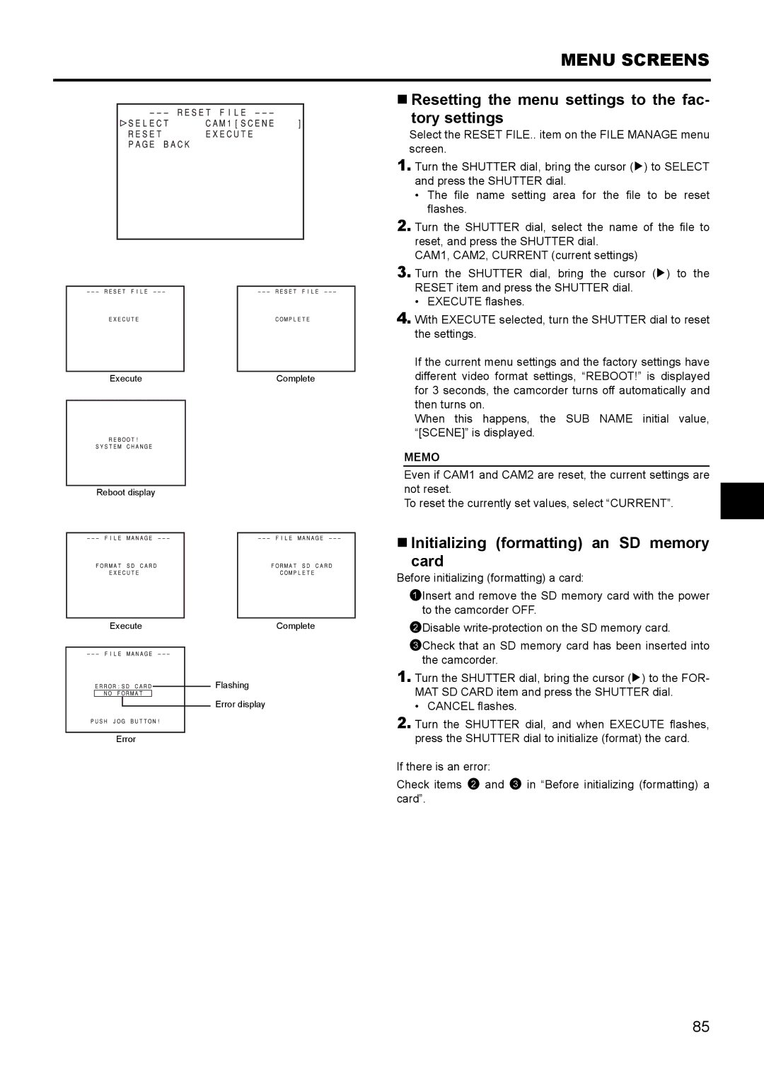 JVC GY- HD111 HD CAMERA RECORDER manual „ Resetting the menu settings to the fac Tory settings 