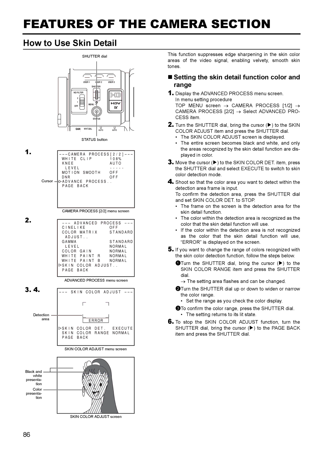 JVC GY- HD111 HD CAMERA RECORDER manual Features of the Camera Section, How to Use Skin Detail 