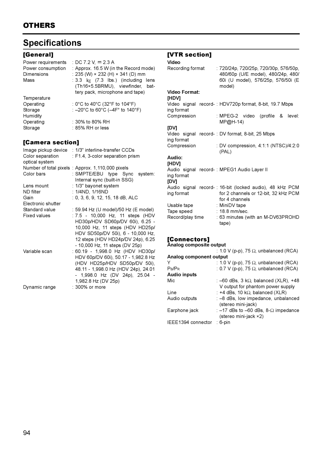 JVC GY- HD111 HD CAMERA RECORDER manual Specifications 