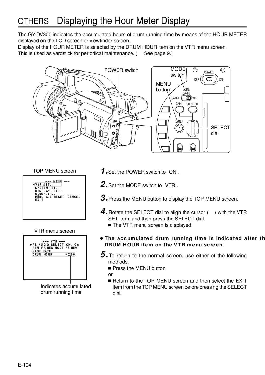 JVC GY-DV300, GY-DV301 instruction manual Others Displaying the Hour Meter Display, Menu, Button Mode 