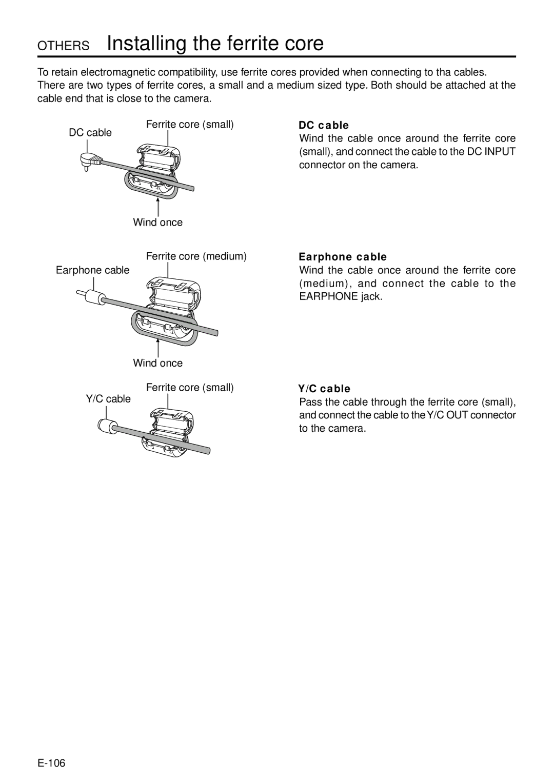 JVC GY-DV300, GY-DV301 instruction manual Others Installing the ferrite core,  DC cable,  Earphone cable,  Y/C cable 