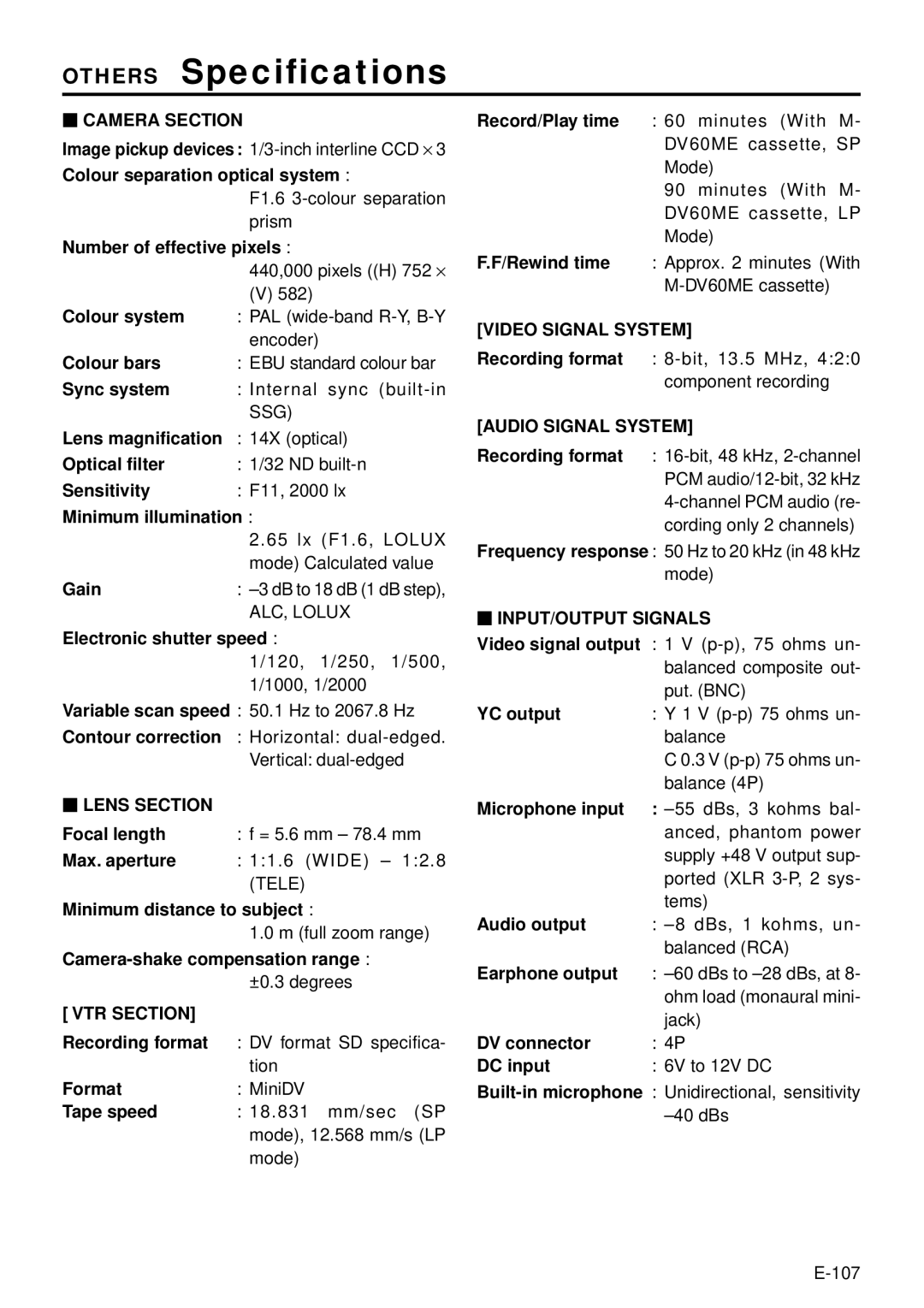 JVC GY-DV301, GY-DV300 instruction manual Others Specifications 