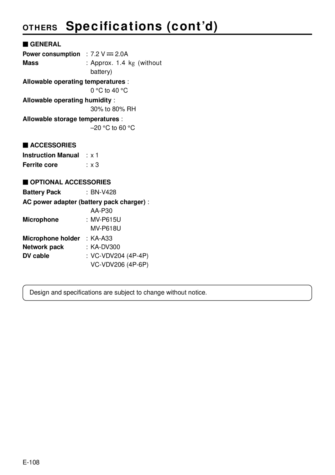 JVC GY-DV300, GY-DV301 instruction manual Others Specifications cont’d,  General,  Accessories,  Optional Accessories 