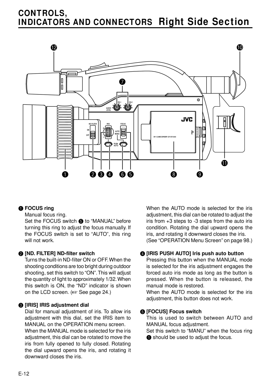 JVC GY-DV300 Focus ring Manual focus ring, See Operation Menu Screen on, ND. Filter ND-filter switch, Focus Focus switch 