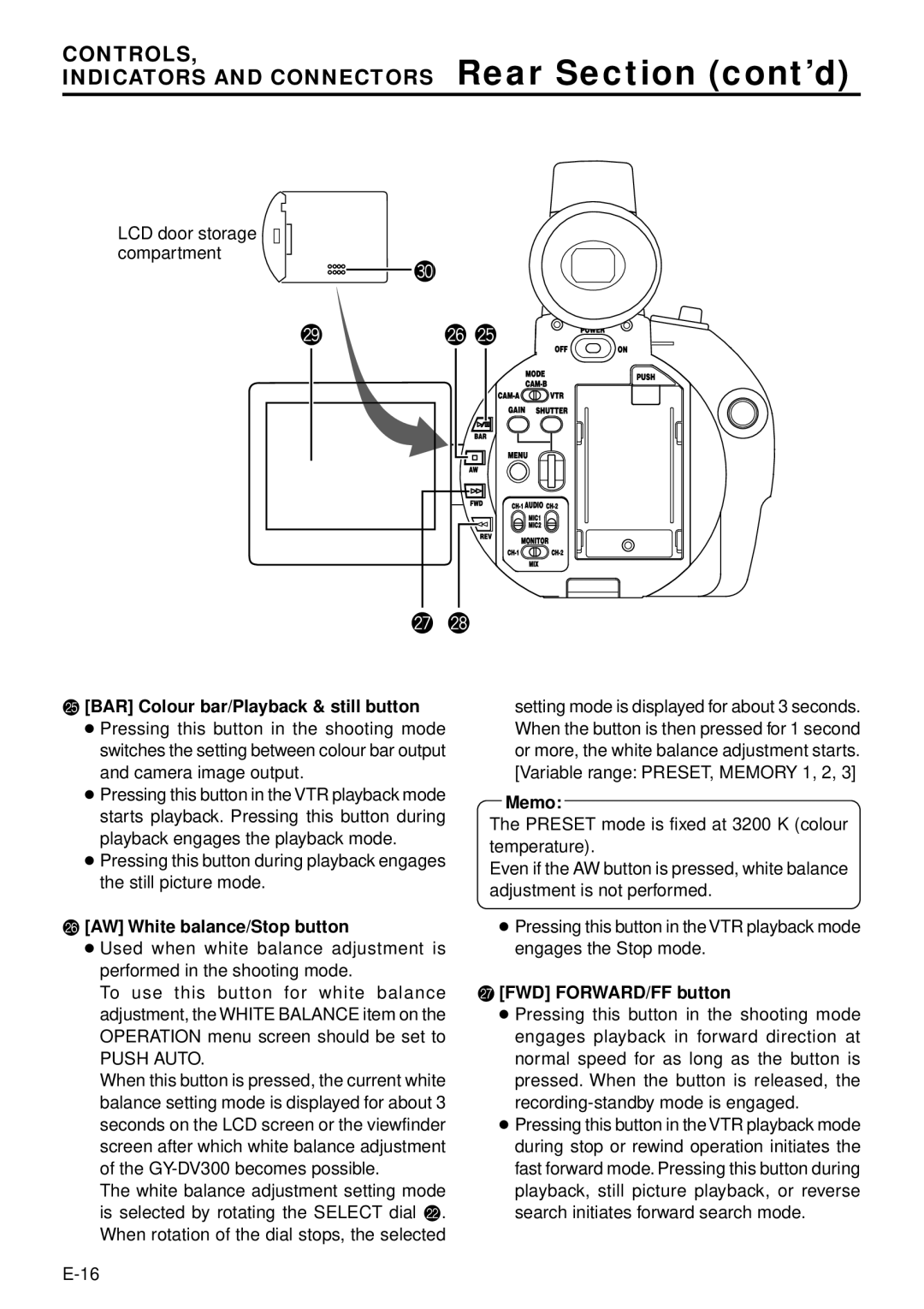 JVC GY-DV300, GY-DV301 Indicators and Connectors Rear Section cont’d, BAR Colour bar/Playback & still button, Memo 