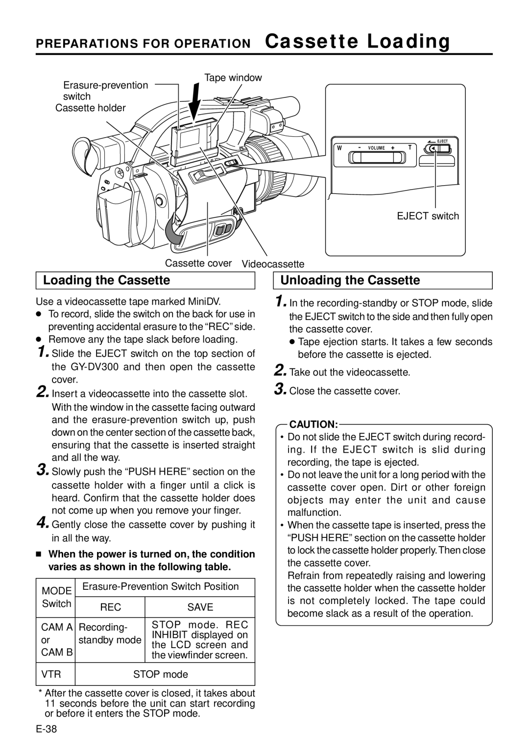 JVC GY-DV300, GY-DV301 Preparations for Operation Cassette Loading, Loading the Cassette, Unloading the Cassette 