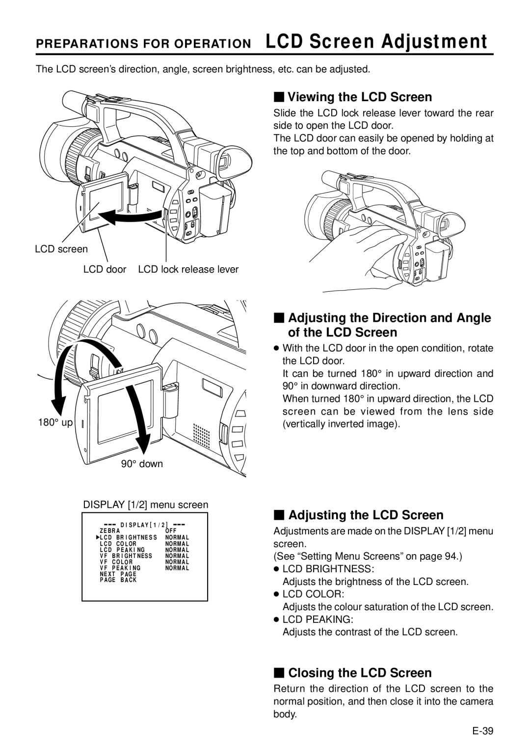 JVC GY-DV301 Preparations for Operation LCD Screen Adjustment,  Viewing the LCD Screen,  Adjusting the LCD Screen 