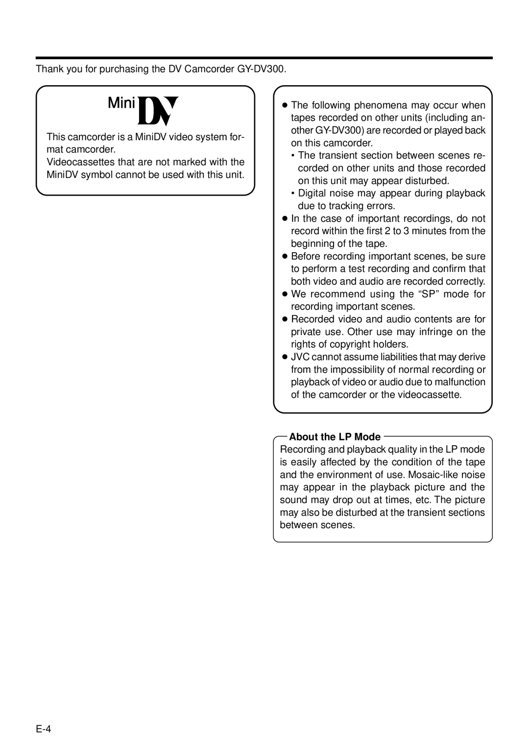 JVC GY-DV300, GY-DV301 instruction manual About the LP Mode 