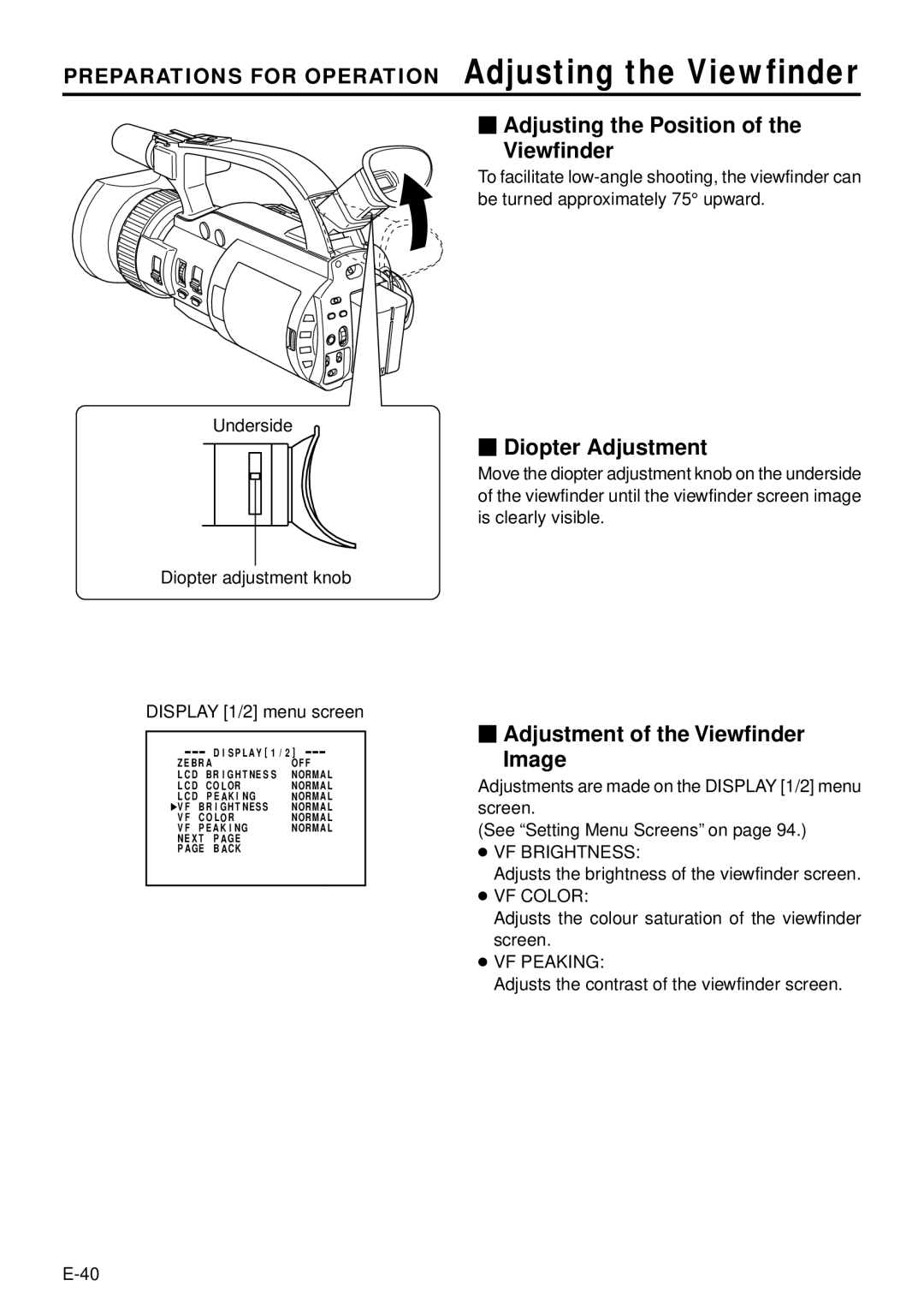 JVC GY-DV300, GY-DV301 Preparations for Operation Adjusting the Viewfinder,  Adjusting the Position Viewfinder 