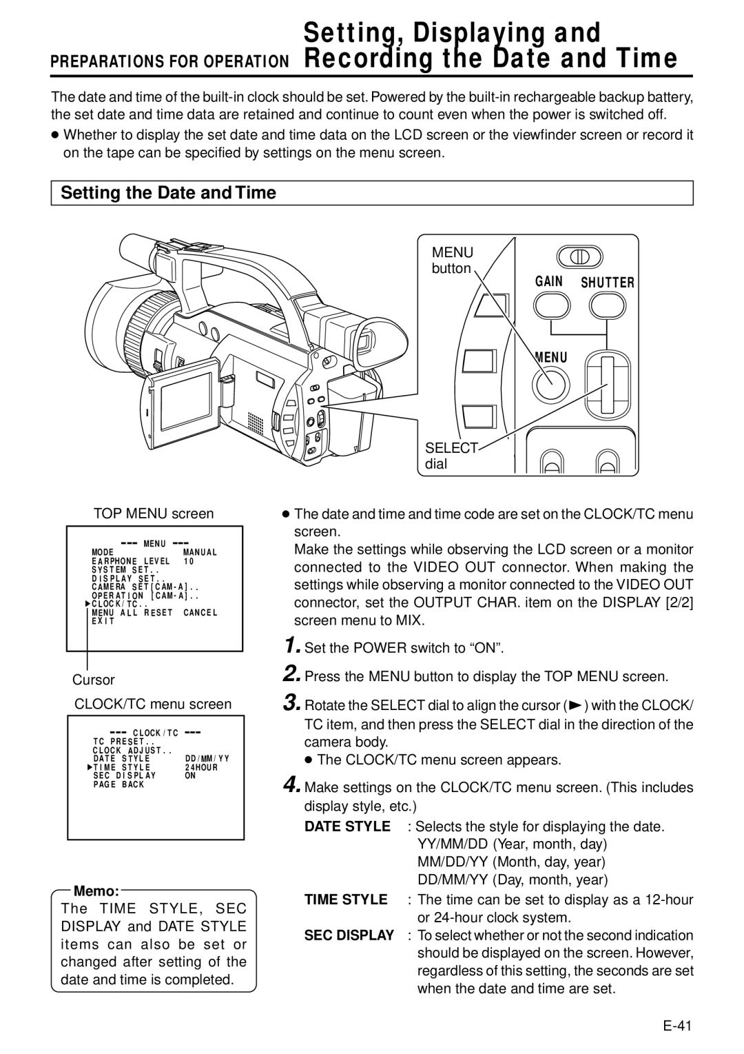 JVC GY-DV301 Setting, Displaying, Preparations for Operation Recording the Date and Time, Setting the Date and Time 