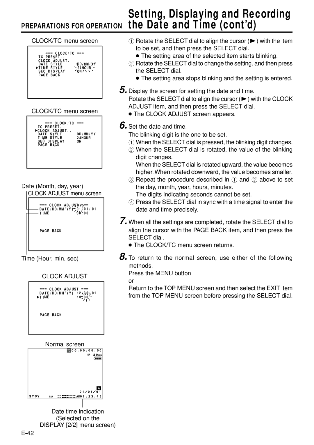 JVC GY-DV300 Setting, Displaying and Recording, Preparations for Operation the Date and Time cont’d, Time Hour, min, sec 