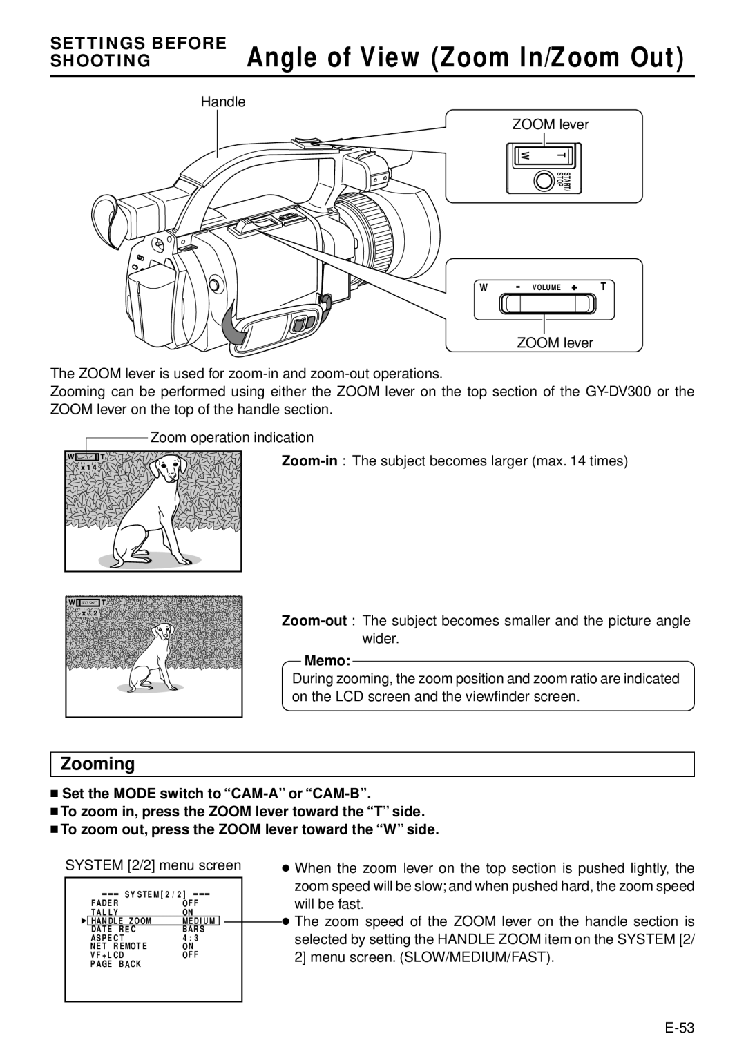 JVC GY-DV301, GY-DV300 instruction manual SHOOTINGAngle of View Zoom In/Zoom Out, Zooming, Handle Zoom lever 