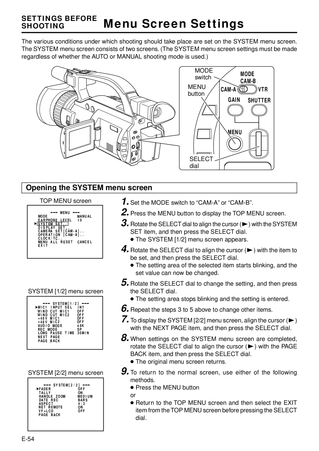 JVC GY-DV300, GY-DV301 instruction manual Menu Screen Settings, Opening the System menu screen 