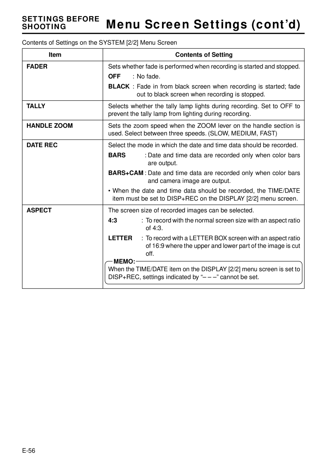 JVC GY-DV300, GY-DV301 instruction manual Menu Screen Settings cont’d 