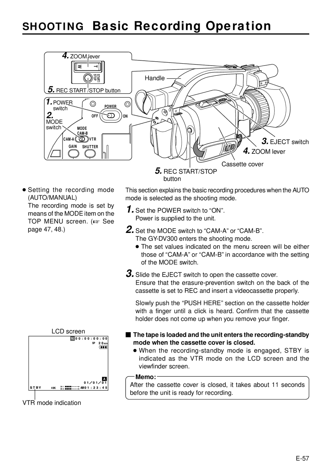 JVC GY-DV301, GY-DV300 instruction manual Shooting Basic Recording Operation, Memo 