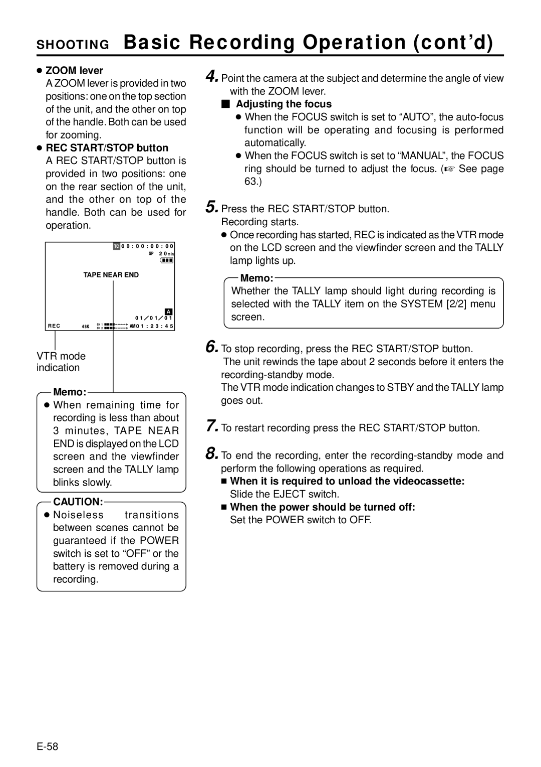 JVC GY-DV300, GY-DV301 instruction manual Shooting Basic Recording Operation cont’d, Zoom lever,  Adjusting the focus 