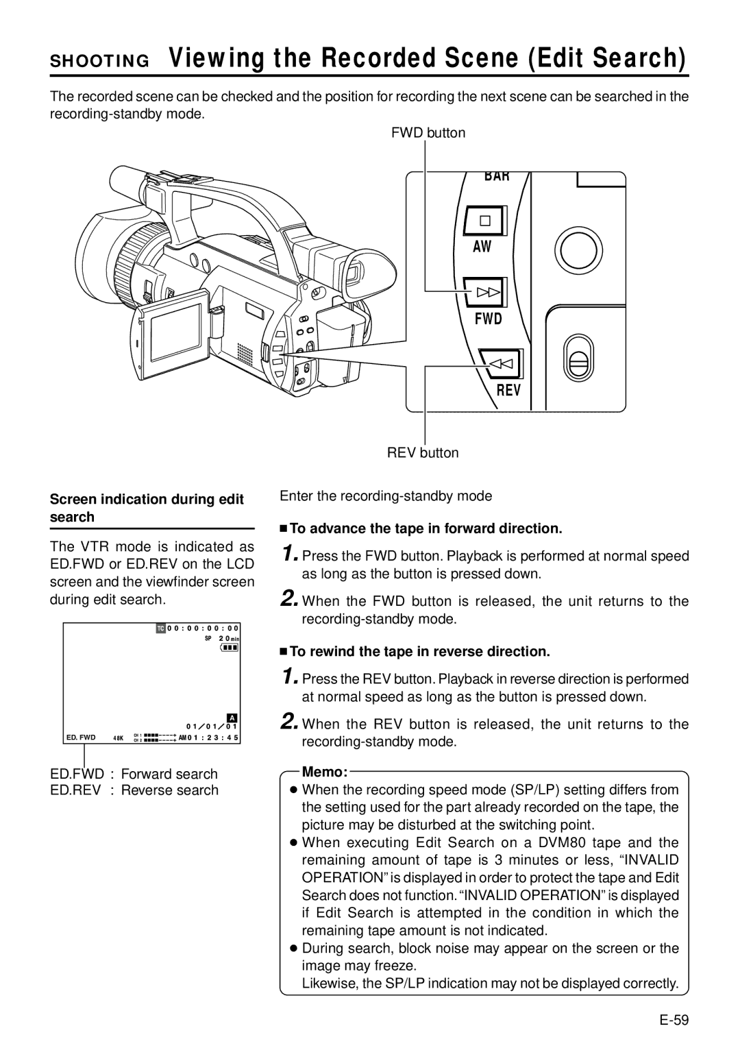 JVC GY-DV301, GY-DV300 Shooting Viewing the Recorded Scene Edit Search, Screen indication during edit search 