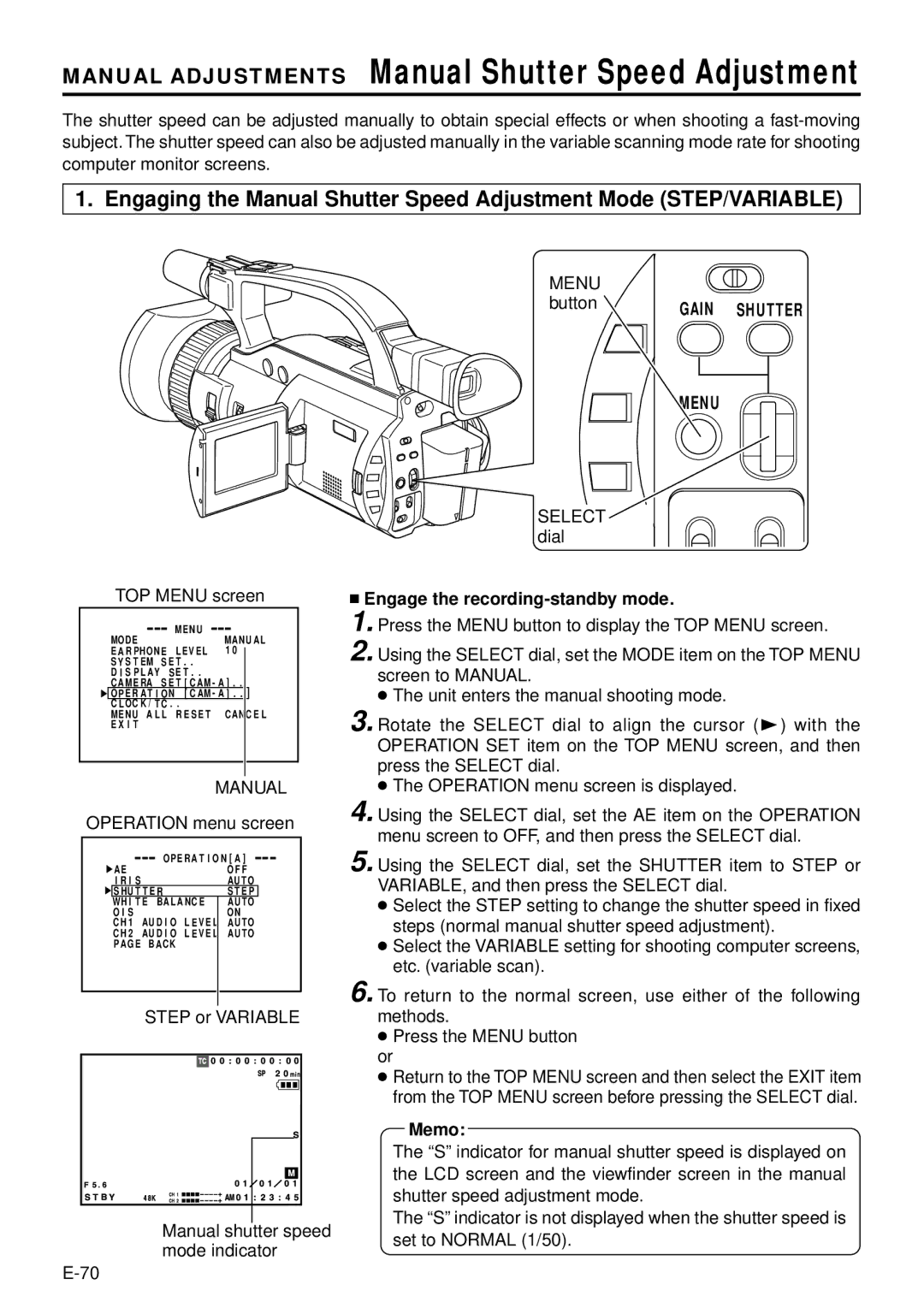 JVC GY-DV300 Manual Adjustments Manual Shutter Speed Adjustment, Step or Variable Manual shutter speed mode indicator 