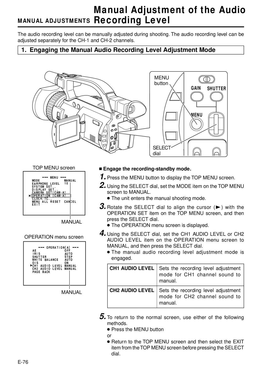 JVC GY-DV300 Manual Adjustment of the Audio, Manual Adjustments Recording Level, CH1 Audio Level, CH2 Audio Level 