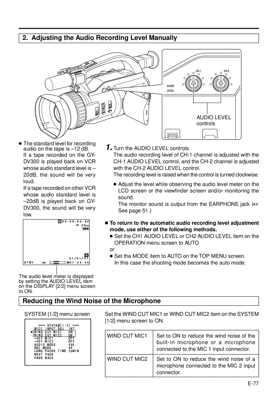 JVC GY-DV301 Adjusting the Audio Recording Level Manually, Reducing the Wind Noise of the Microphone, Wind CUT MIC1 