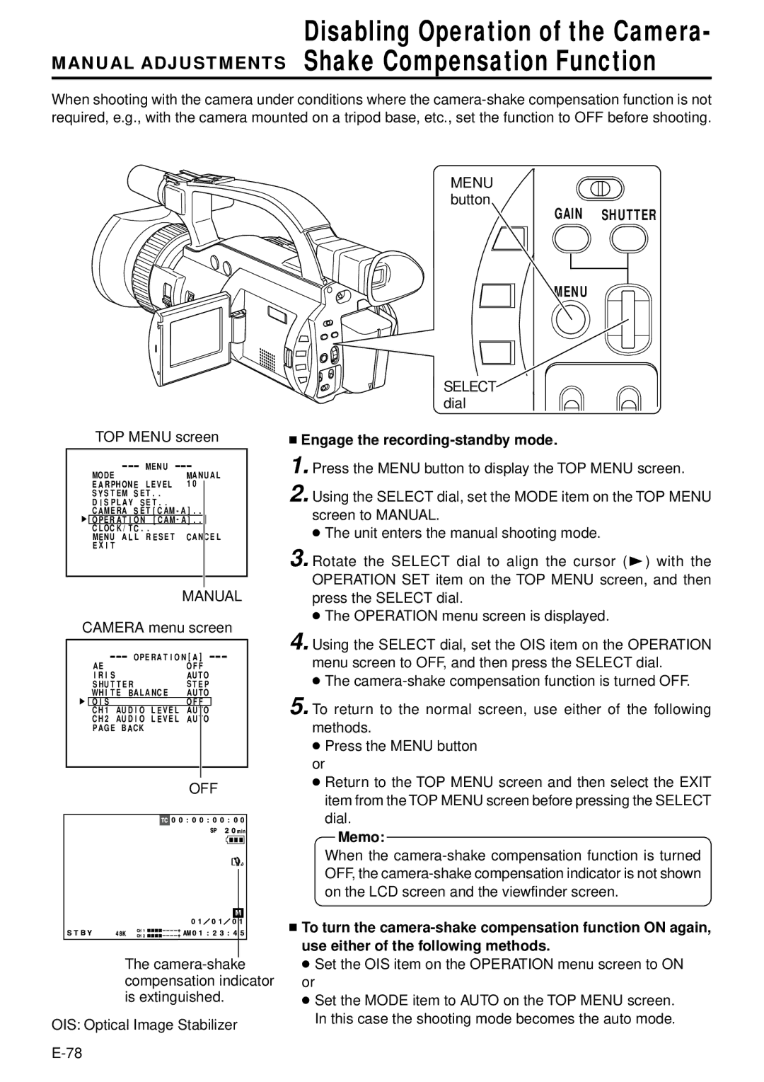 JVC GY-DV300, GY-DV301 instruction manual Manual Adjustments Shake Compensation Function, Camera menu screen 