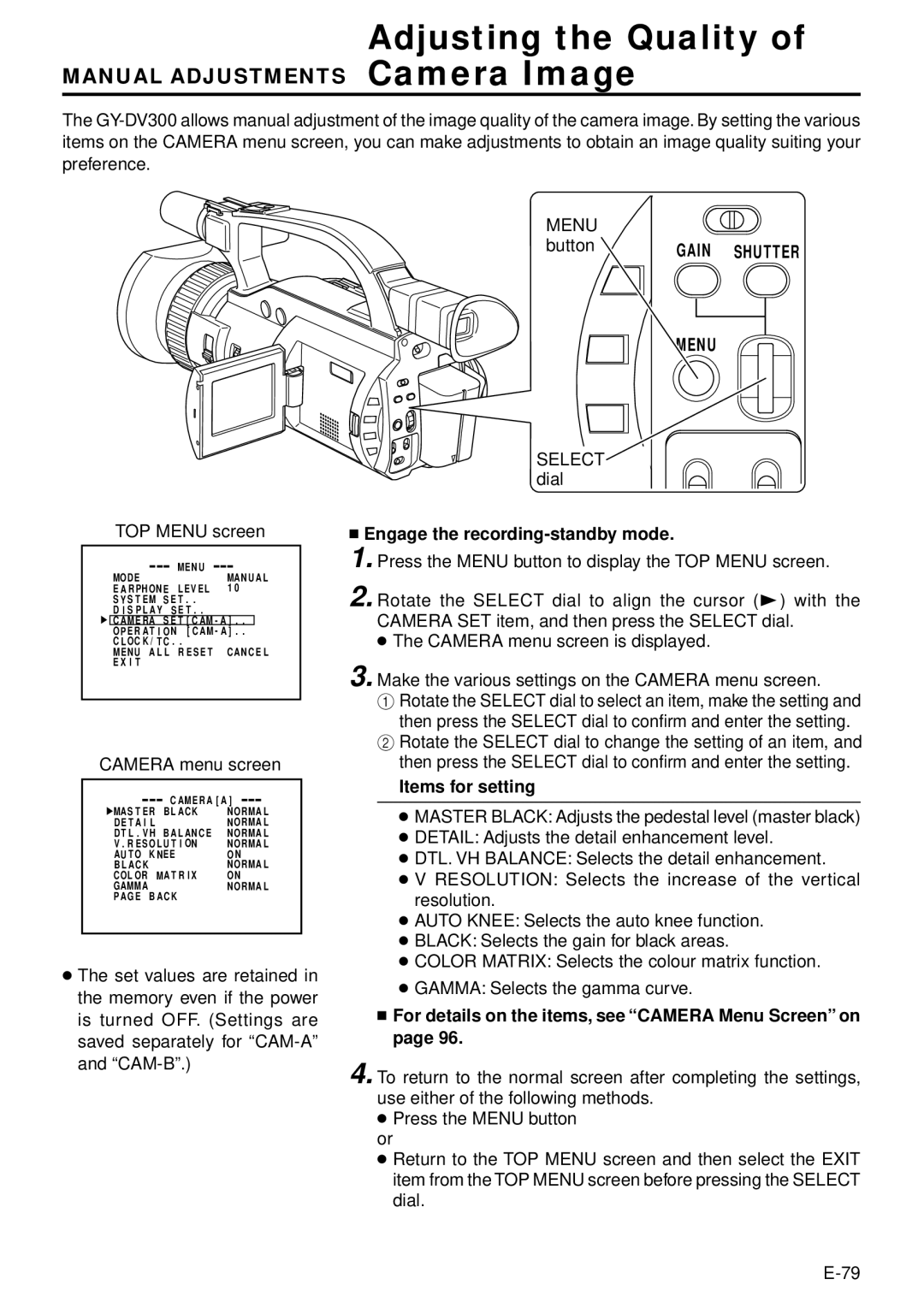 JVC GY-DV301, GY-DV300 instruction manual Adjusting the Quality, Manual Adjustments Camera Image, Items for setting 