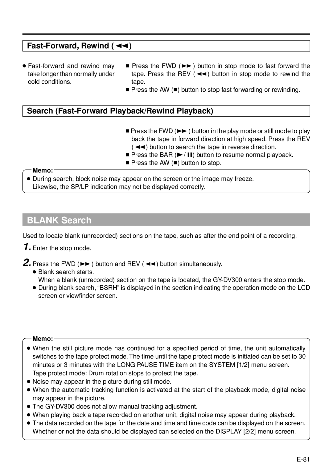 JVC GY-DV301, GY-DV300 instruction manual Blank Search, Fast-Forward, Rewind h, Search Fast-Forward Playback/Rewind Playback 