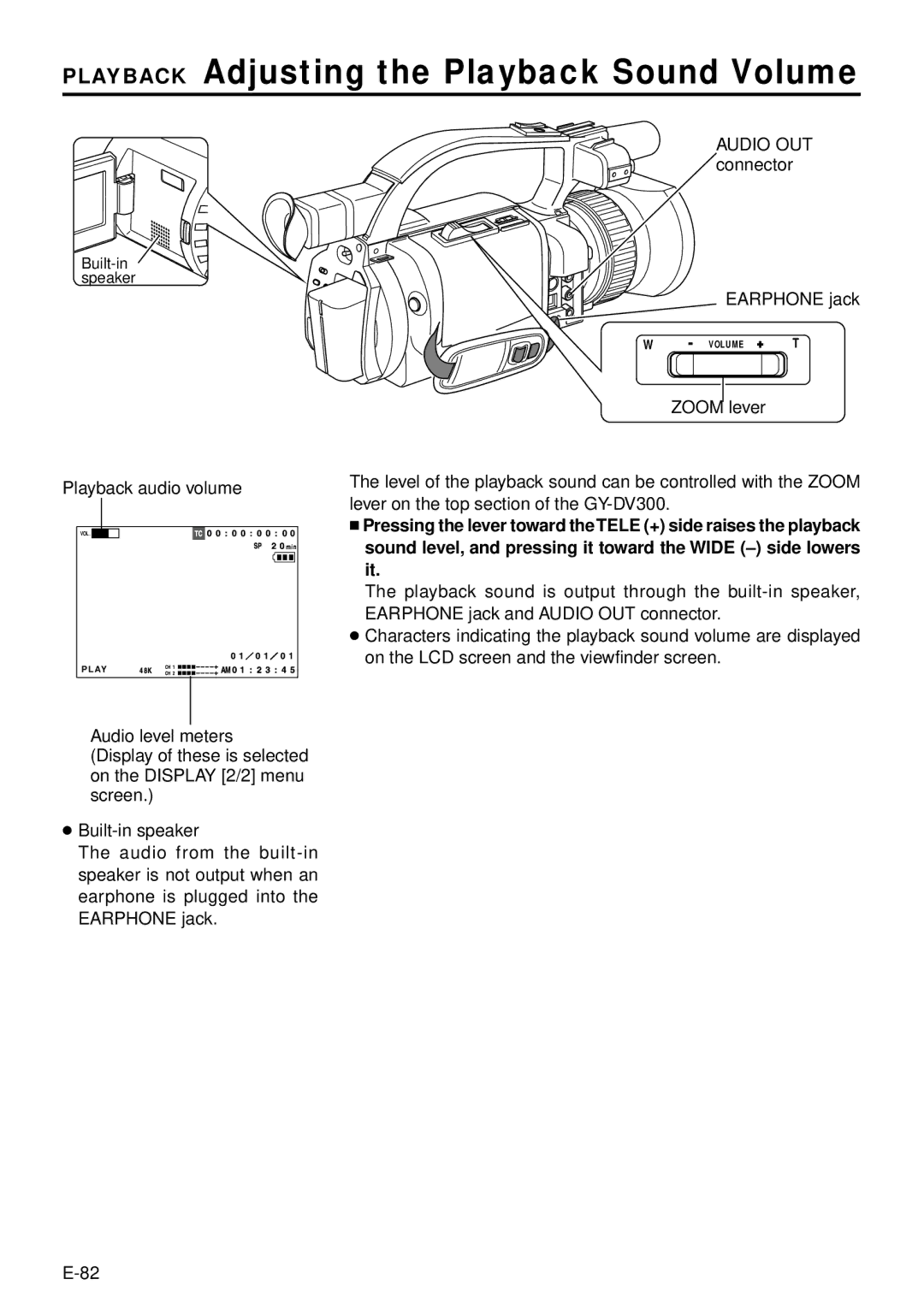 JVC GY-DV300, GY-DV301 Playback Adjusting the Playback Sound Volume, Audio OUT connector, Zoom lever Playback audio volume 