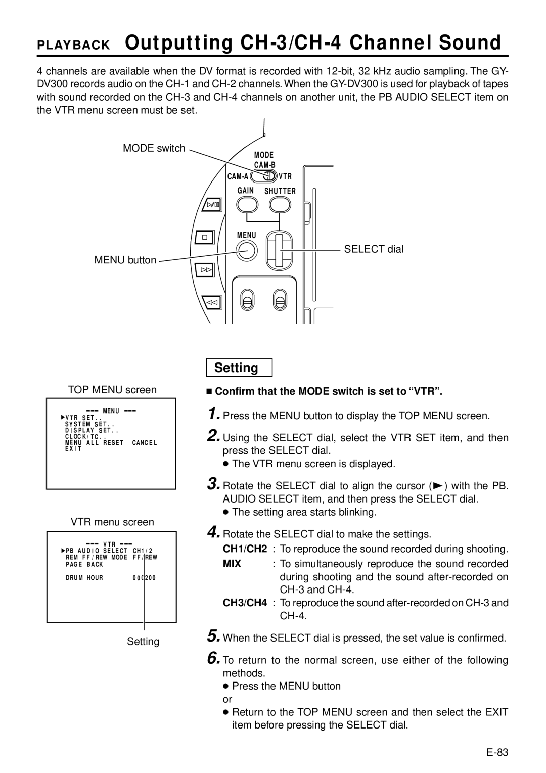 JVC GY-DV301, GY-DV300 instruction manual Playback Outputting CH-3/CH-4 Channel Sound, Setting, VTR menu screen 