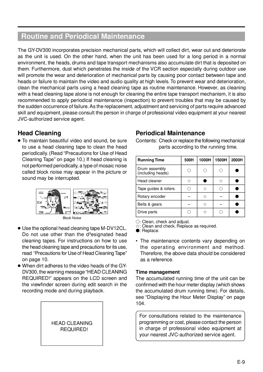 JVC GY-DV301, GY-DV300 instruction manual Routine and Periodical Maintenance, Time management, Head Cleaning Required 