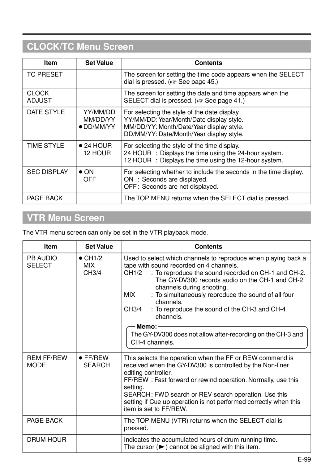 JVC GY-DV301, GY-DV300 instruction manual CLOCK/TC Menu Screen, VTR Menu Screen 