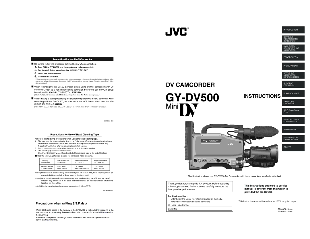 JVC GY-DV500 instruction manual Precautions when writing S.S.F. data, Precautions for Use of Head Cleaning Tape 