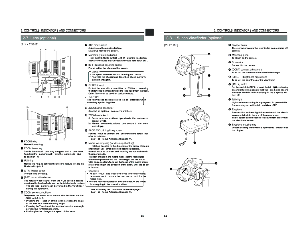 JVC GY-DV500 instruction manual Lens optional, Inch Viewfinder optional, S14 x 7.3B12, VF-P115B 