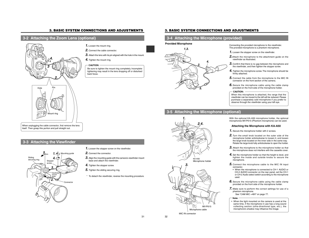 JVC GY-DV500 Attaching the Zoom Lens optional, Attaching the Microphone provided, Attaching the Microphone optional 