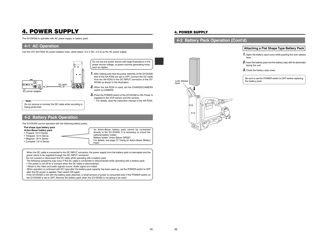 JVC GY-DV500 Power Supply, AC Operation, Battery Pack Operation Contd, Attaching a Flat Shape Type Battery Pack 