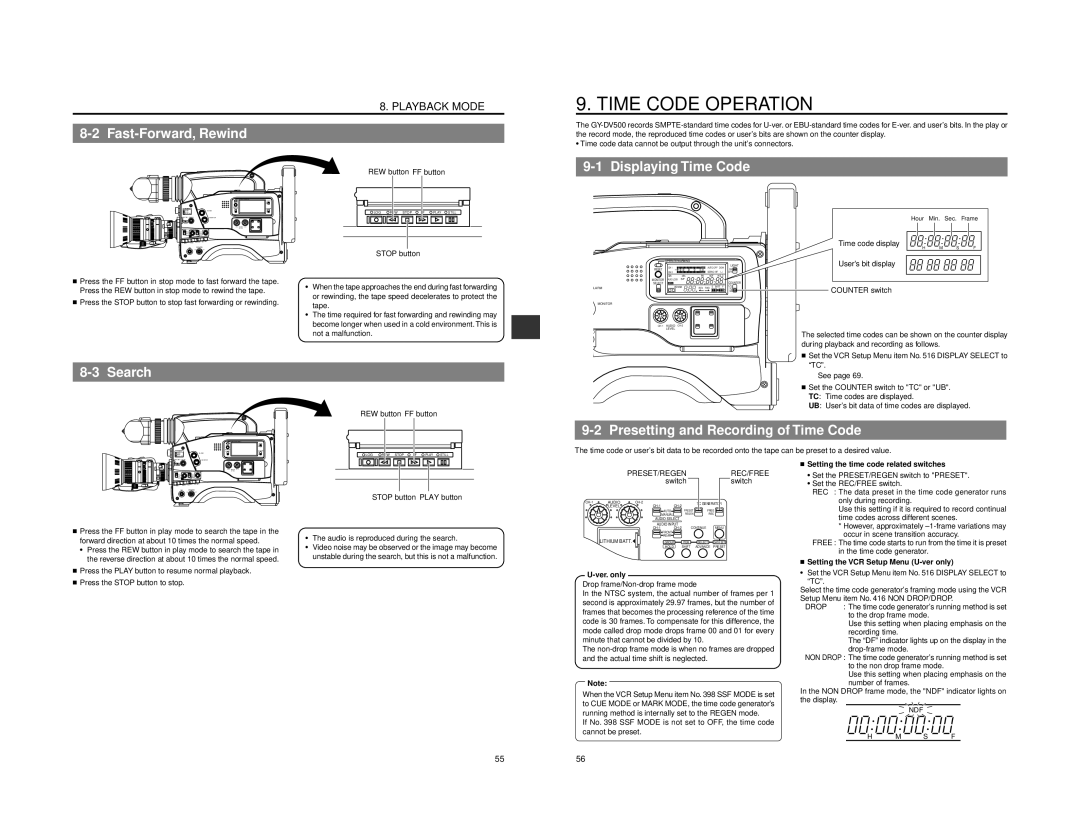 JVC GY-DV500 instruction manual Time Code Operation, Fast-Forward, Rewind, Displaying Time Code, Search 