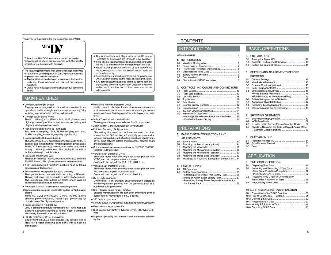 JVC GY-DV500 instruction manual 10. S.S.F. Super Scene Finder Function, Main Features 