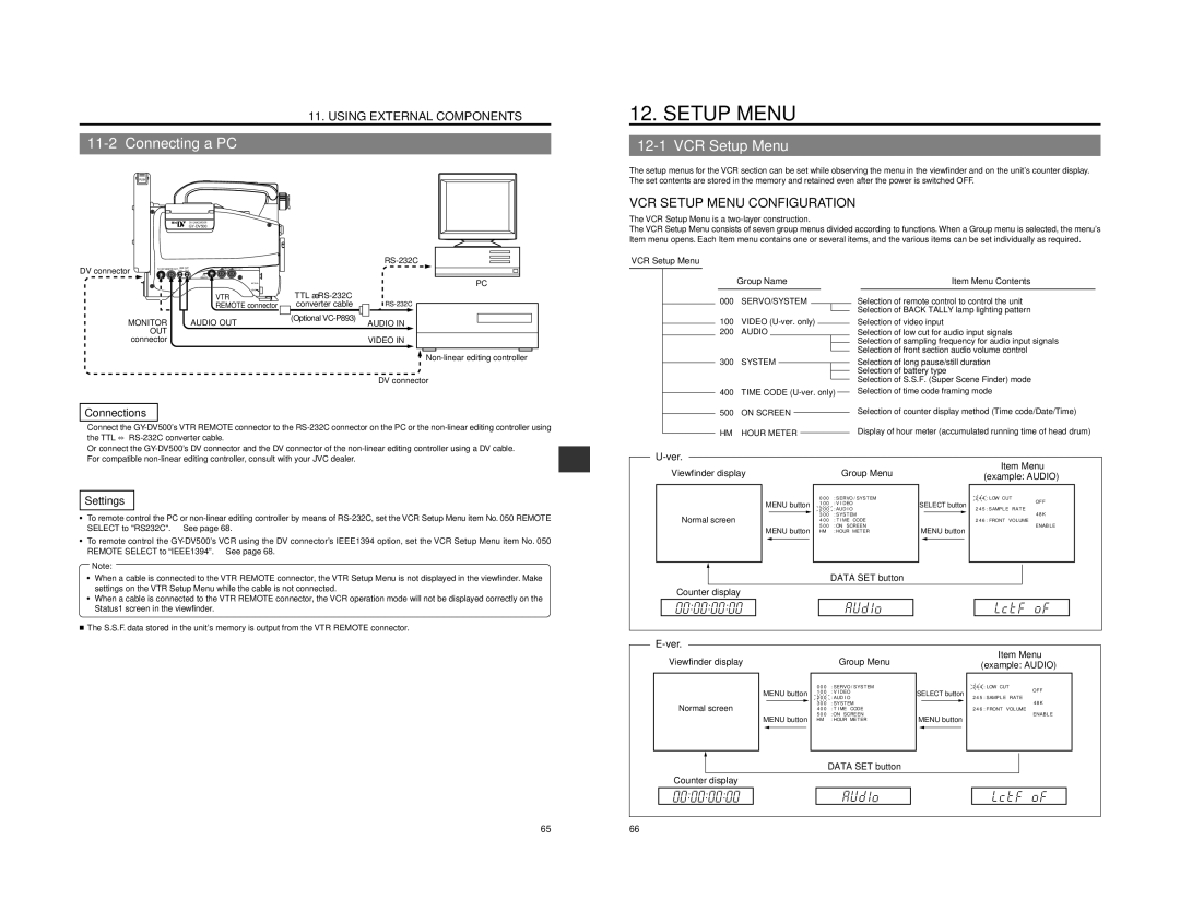 JVC GY-DV500 instruction manual Connecting a PC, VCR Setup Menu Configuration, Connections 