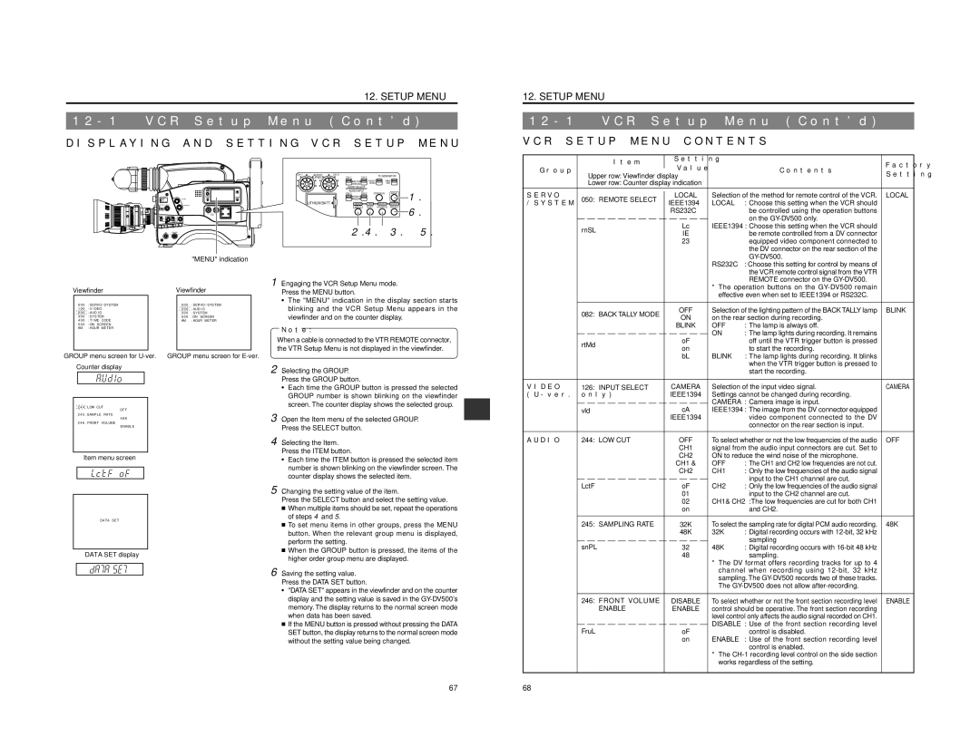 JVC GY-DV500 instruction manual VCR Setup Menu Contd, Displaying and Setting VCR Setup Menus, VCR Setup Menu Contents 