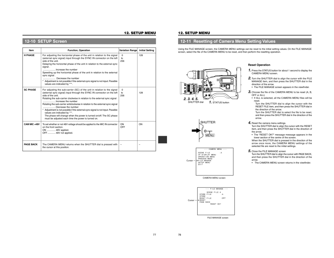 JVC GY-DV500 instruction manual Setup Screen, Resetting of Camera Menu Setting Values, Reset Operation 