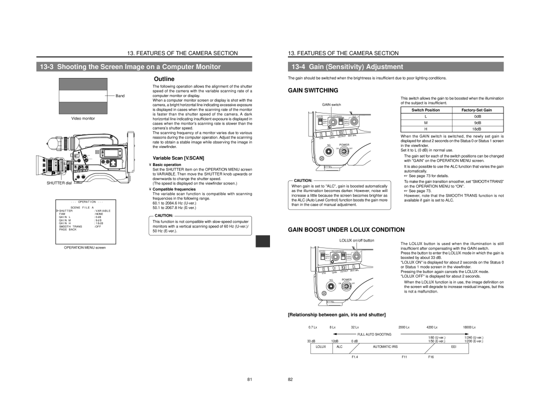 JVC GY-DV500 Shooting the Screen Image on a Computer Monitor, Gain Sensitivity Adjustment,  Outline, Gain Switching 