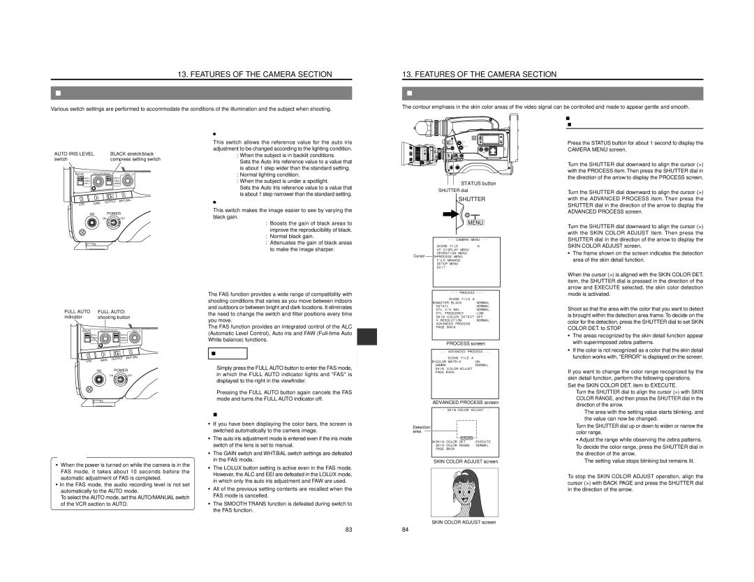 JVC GY-DV500 Switch Setup According to Illumination and Subject, How to Use Skin Detail, Switch Functions 