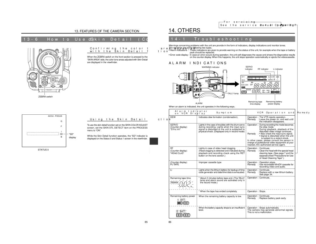 JVC GY-DV500 Others, How to Use Skin Detail Cont’d, Troubleshooting, Alarm Indications,  Using the Skin Detail Function 