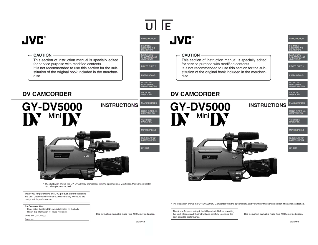 JVC GY-DV5000 instruction manual DV Camcorder, For Customer Use 