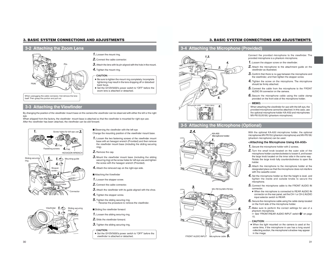 JVC GY-DV5000 instruction manual Attaching the Zoom Lens, Attaching the Viewfinder, Attaching the Microphone Provided 