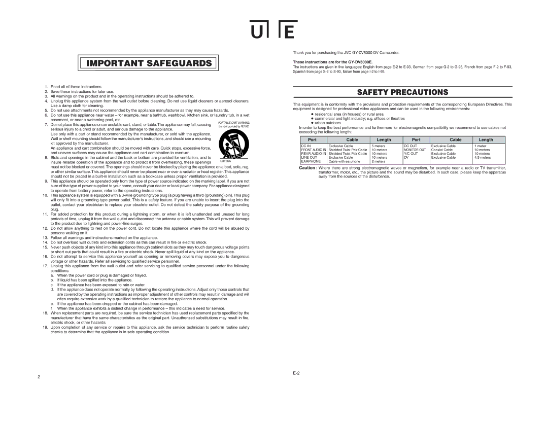 JVC GY-DV5000 instruction manual Port Cable Length, Dc Out, Line OUT, Earphone 